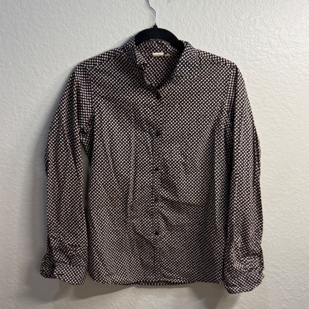 Orla Kiely Uniqlo Womens Floral Clover Button Down Shirt Black Pink Sz M Cotton